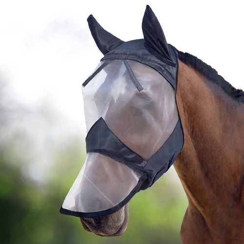 Harrison Howard CareMaster Horse Fly Mask Long Nose with Ears Full Face Black/Silver Retro Large Full Size