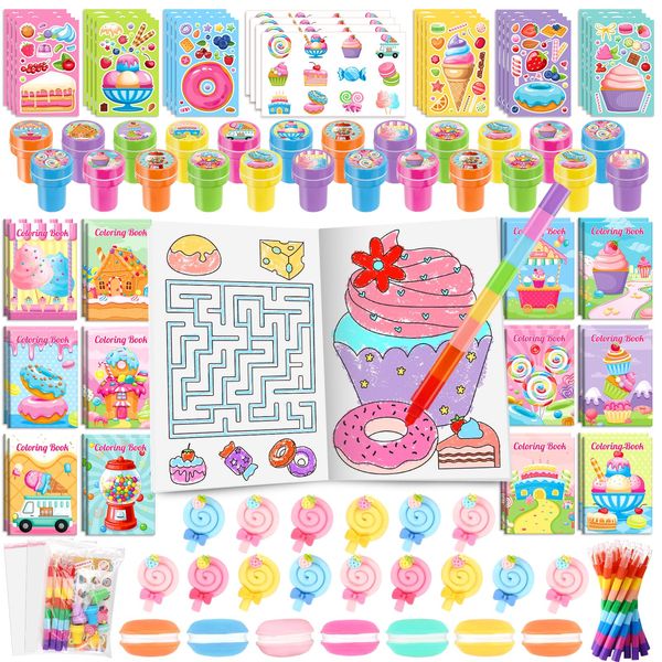 BenLouis 168Pcs Candyland Party Favors Ice Cream Donut Coloring Book Crayon Stickers Set Bulk for Kids Cupcake Lollipop Sweet Treats Birthday Gift Bag Desserts Pinata Filler Classroom Reward Crafts