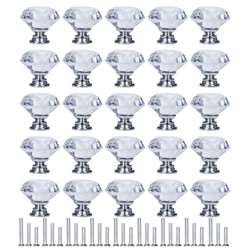YourGift 30 Pack Drawer Knobs Diamond Shaped Crystal Glass 30mm Cabinet Knobs Pull Handle (30 mm, 30 Pack, Silver)