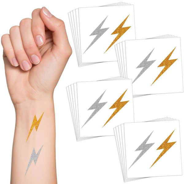 Cholemy 50 Sheets 100 Pcs Glitter Lightning Bolt Temporary Tattoos Metallic Gold and Silver Lightning Bolt Stickers 2 x 2 Inches Removable Apparel Accessories for Birthday Party Favor Decorations