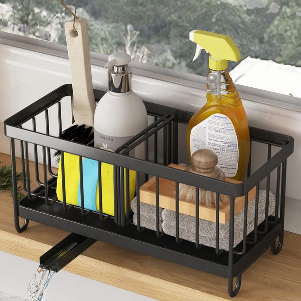 COVAODQ Kitchen Sink Caddy Sink, Sponge Holder Sink Caddy Organizer,Countertop with Removable Drain Tray with Diversion Drainage(Black)