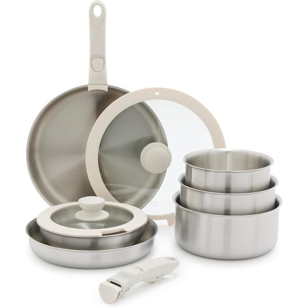 Click 10-Piece Stainless Steel Triply Cookware Set, Detachable Handle, Stackable