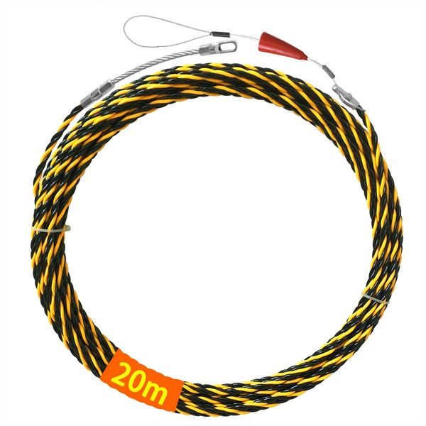 Akuoly Fish Tape 20M Electrical Cable Pulling Rods 6.0mm Diameter, 3 Wires Twisted with Guide Spring, Ideal for Cable Laying, Black and Yellow