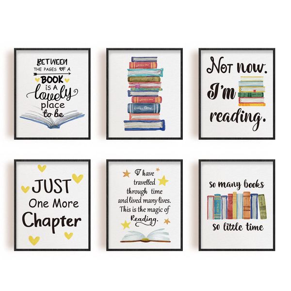 INFUNLY Reading Wall Art Prints 6pcs/set Motivational Book Posters for office Unframed Book Quotes Wall Art for Readers Book Lovers 8x10 inches for Bookworm Library Study Room Home Decor