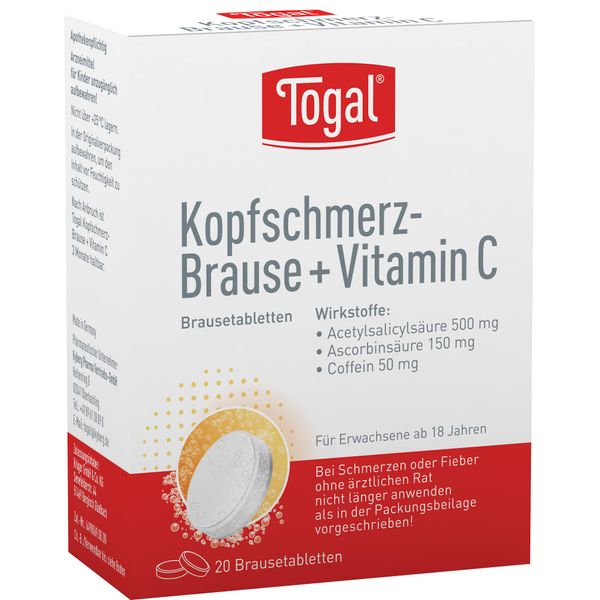 Togal Kopfschmerz-Brause + Vitamin C zur Behandlung bei leichten bis mäßig starken Schmerzen, schnelle Schmerzlinderung, mit Wirkverstärker Coffein und Vitamin C, 20 Stück Brausetabletten