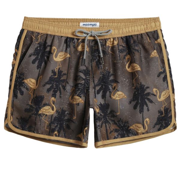 MaaMgic Herren Badeshorts Vintage Retro Badehosen Boardshorts Schnelltrocknend mit Mesh-Futter und Verstellbarem Tunnelzug MEHRWEG,New Palmen Flamingo Hellbraun 4.5,L