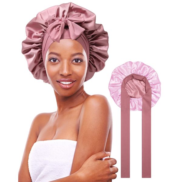 Satin Bonnet for Women Silk Bonnets for Sleeping Curly Hair Bonnet with Elastic Tie Band Reversible Double Layer Sleep Cap Hair Wrap (Double-Layer Reversible Satin Bonnet - Bean Paste + Pink)