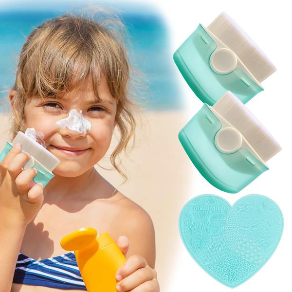 Sunscreen Brush for Kids, 2 Pack Sunscreen Applicator for Kids Face, New Sunblock Buddy Brush Set with Protective Caps, Sunscreen Lotion Applicator Sun Cream Brush with Brush Cleaning Pad, Green