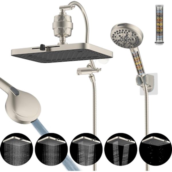 5-Spray 13'' Dual Filtered Rainfall Shower Head Combo, High Pressure 10-Setting