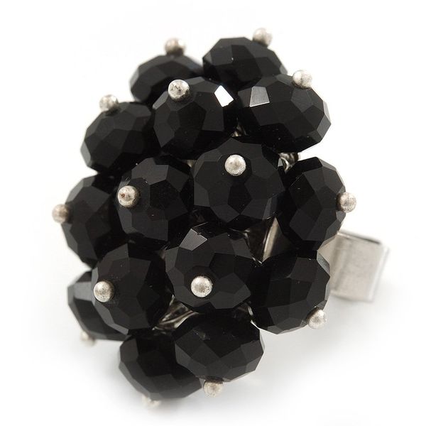 Avalaya Black Glass Cluster Ring/Silver Tone/Adjustable/Size 8/9