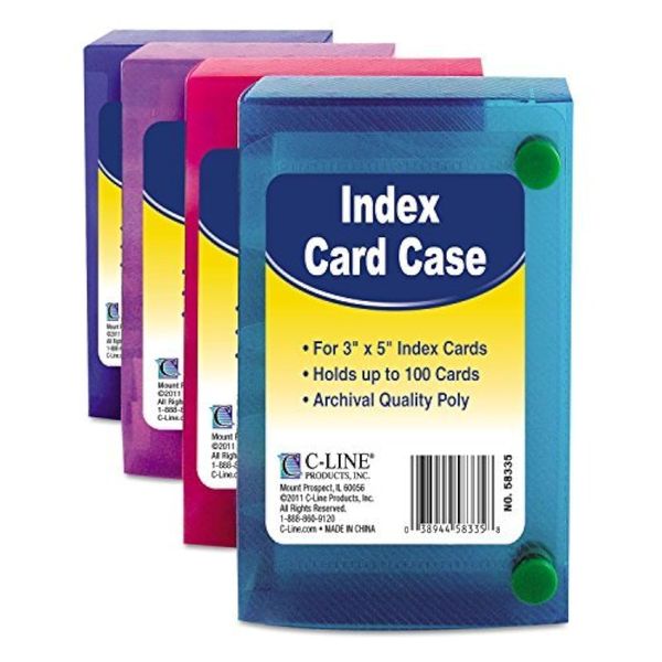 C-LINE Polypropylene Index Card Case for 100 3 x 5 Inch Cards, Assorted (CLI58335), 4 Packs
