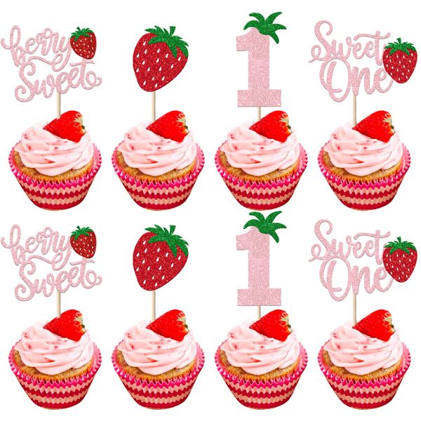 24 Pack Sweet One Cupcake Toppers Glitter First Birthday Strawberry Cupcake Picks for Fruit Baby Shower 1st Birthday Berry Sweet Cupcake Decorations Party Supplies Pink