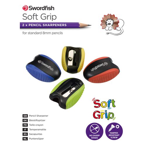 Swordfish [40287]‘Soft Grip’ Pencil Sharpener [Pack of 2] Assorted Colours ,Yellow,Blue,Green,Red