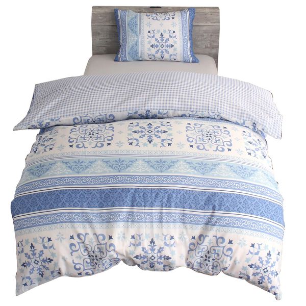 Merry Night MN12153-76 Duvet Cover, Ethnic/Gingham Checker, Saxophone Blue, Single Long, Approx. 59.1 x 82.7 inches (150 x 210 cm), Reversible Design, Can Be Used on Both Sides, Includes 8 Inner Snap Buttons, Easy to Put on and Take Off, Cotton Blend Mate