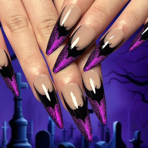 NATOSU Halloween French Tip Press on Nails Unghie finte viola lunghe a spillo con design Cat Eye Unghie finte extra lunghe a forma di pipistrello nero per donne e ragazze Cosplay