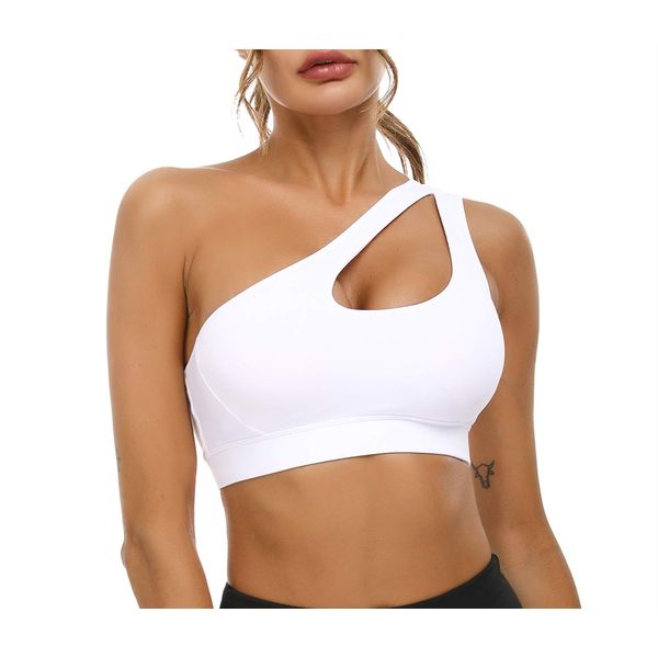 Sykooria Womens One Shoulder Sports Bras Workout Yoga Bra Sexy Cute Medium Support White