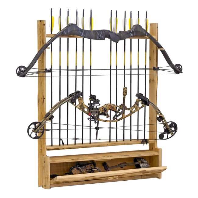 Rush Creek Creations Rustic 2 Compound Bow - 12 Arrow Wall Storage Rack with Accessory Compartment - Handcrafted - Durable Material , 39"L x 31.5"W x 5.3"D