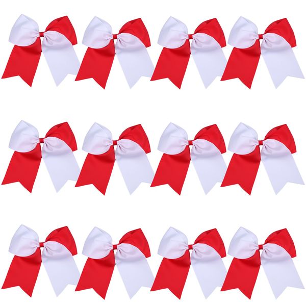 8 Inch 2 Colors Jumbo Cheerleader Bows Ponytail Holder Cheerleading Bows Hair 12 Pcs (Red/White)