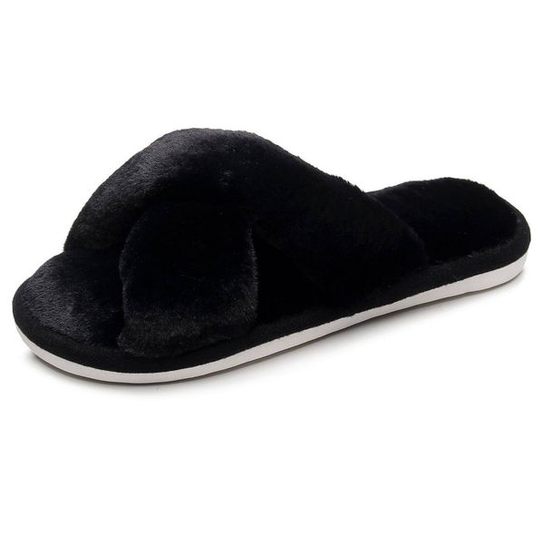 Crazy Lady Women's Fluffy Furry Faux Fur Slippers Open Toe Cozy House Memory Foam Sandals Slides Anti-Slip SPA Indoor Outdoor Shoes(Black36)