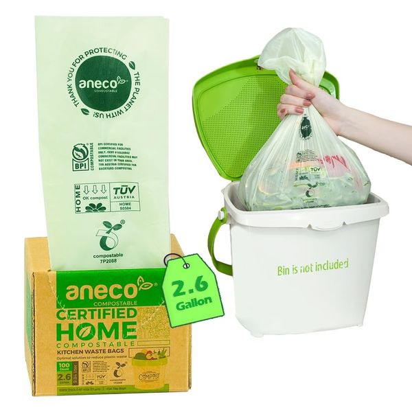 ANECO 100% Compostable Waste Bags 2.6 Gallon, Extra Thick Kitchen Small Compo...