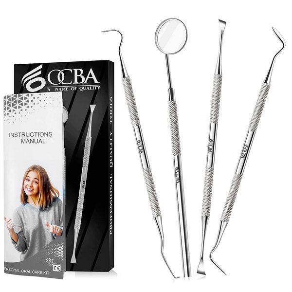 OCBA 4 Pcs Dental Pick Tools Plaque Tartar Remover Stainless Steel Dental Teeth Whitening Cleaning Oral Care Kit Professional Hygiene Tool Set with Tooth Scraper