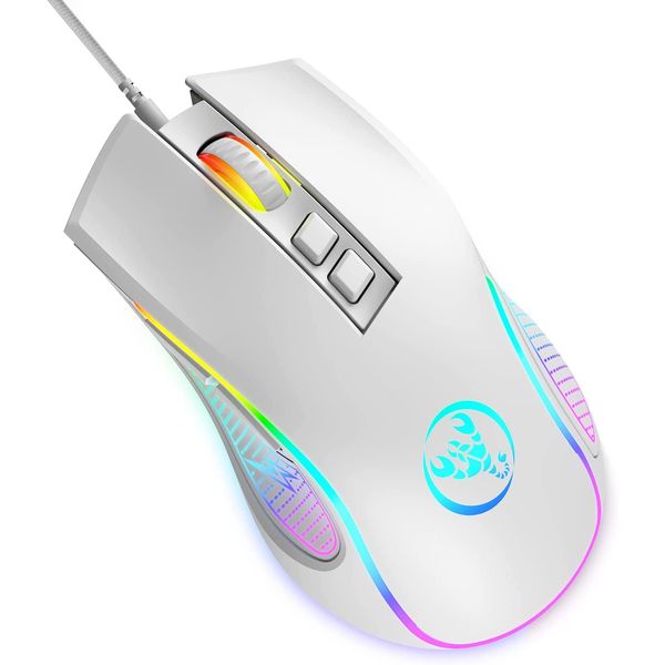 HXSJ X100 Gaming Mouse Wired,Ergonomic PC Gaming Mice with 7 Colors LED Backlit,7 Buttons,Gaming Optical Sensor,4 DPI Level Settings,Up to 3600 DPI,Lightweight,for PC,Laptop,Mac,PS4,XBOX - White