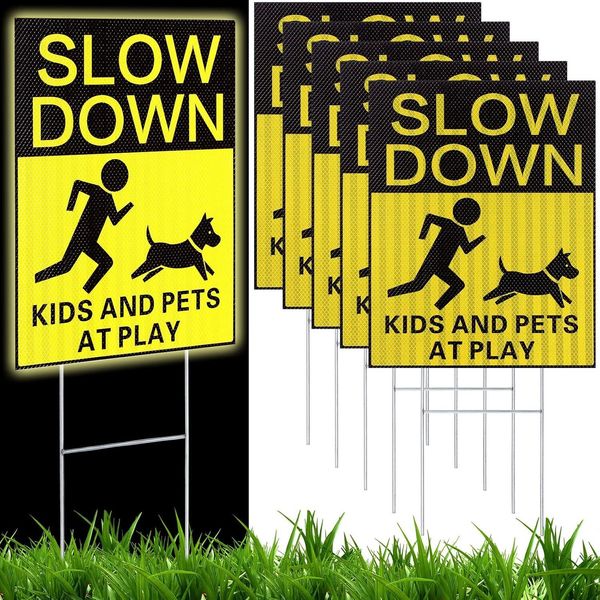 6 Pcs Reflective Kids and Pets at Play Safety Signs with 15x12 inches, Yellow