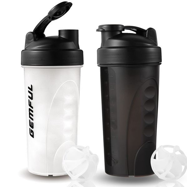 GEMFUL Shaker Bottle for Protein Mixes BPA-Free Leak Proof Smothies Mixer Water Cups 2 Pack 750ml