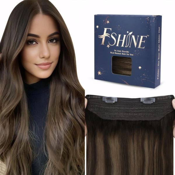 Fshine Secret Wire Haarverlängerungen Human Hair 35CM Dunkelbrown Übergehend In Kastanienbraun Highlight Mit Dunkelbrown Glattes Fish Line Hair Extensions Echthaar Mit Clips One Pieces 70G #2/8/2