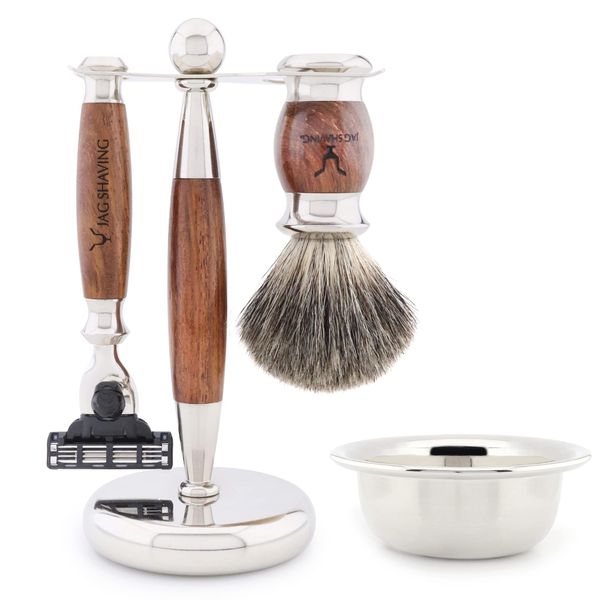 Jag Shaving Shaving Kit - 4 Pc Shaving Brush Set - Super Badger Shaving Brush - 3 Edge Shaving Blade Shaving Razor - Shaving Stand - Shaving Bowl - Mens Shaving Kit - and Womens – Shaving Gift Set