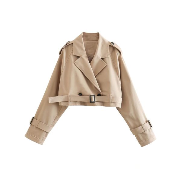 Faleave Womens Cropped Jacket Long Sleeve Belted Trench Coat Solid Color(Khaki-L)