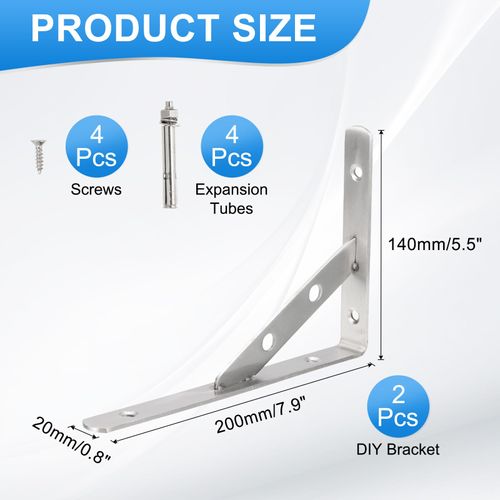 PATIKIL Wall Shelf Brackets 8", 2 Pack Heavy Duty Stainless Steel Collapsible Wall Mounted Shelf Bracket Removable Max Load 220lb Space Saving for Table, Silver