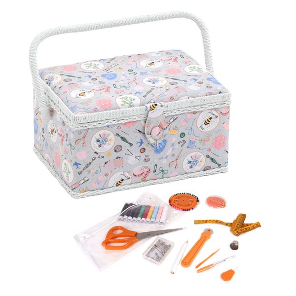 Hobby Gift Filled Sewing Box - Craft & Hobby Storage, Sewing Basket with 94 Piece Sewing Kit Included, Medium, Homemade, 18.5 x 25.5 x 14.5cm