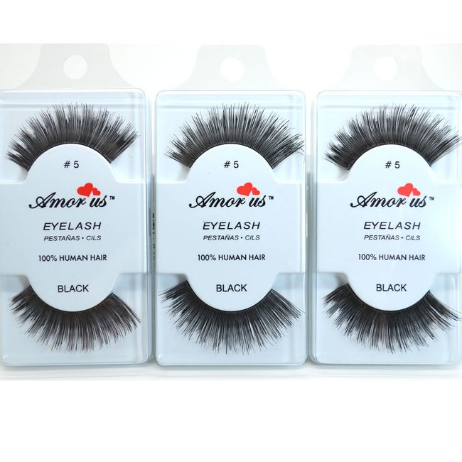 3 Pairs AmorUs 100% Human Hair False Eyelashes #5 compare Red Cherry + Free Earring