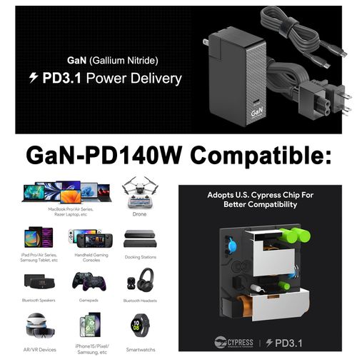 HKY 140W USB C Charger 10Ft Portable Slim GaN PD3.1 USB-C Power Adapter for M4 MacBook Air Pro,Dell,Lenovo,MSI,HP Gaming Laptop PC,Docking Station,Avalon Nano 3 BTC,Anker 737 Power Bank,Starlink Mini