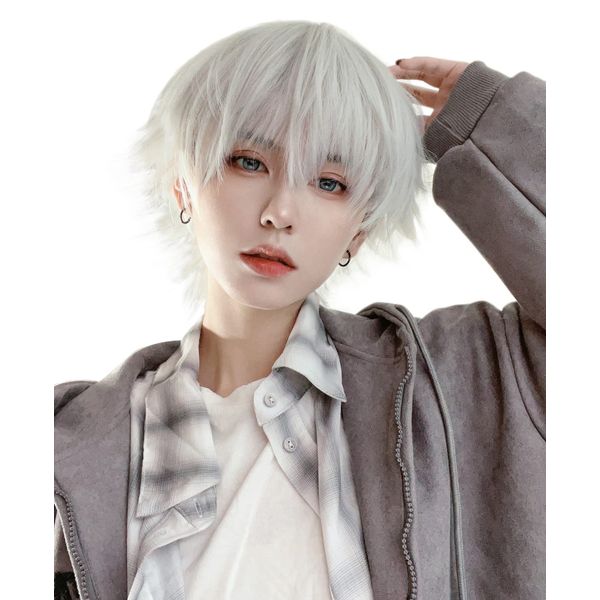 Wig, Men's Short, Natural, Men's Clothing, Black, Full Wig, Harajuku, Popular, Handsome Fashion, Loose, Heat Resistant, Disguise, Unisex, With Net/Comb (Silver Gray)