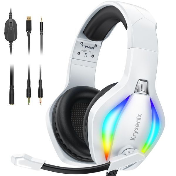 Krysenix PG1 RGB Gaming Headset for PS4/PC/Nintendo Switch/Xbox, PS5 Headset with Mic, Gaming Headphones with Microphone, Xbox One Headset with 3.5mm Jack White