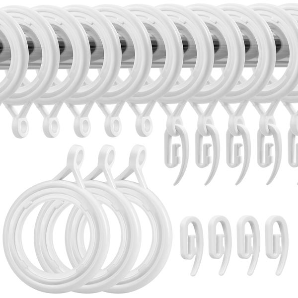 WCIC 32 Pack Curtain Rings and Hooks White 30mm Hanging Rings Hooks Plastic Curtain Rings with Hooks for Hanging Curtains