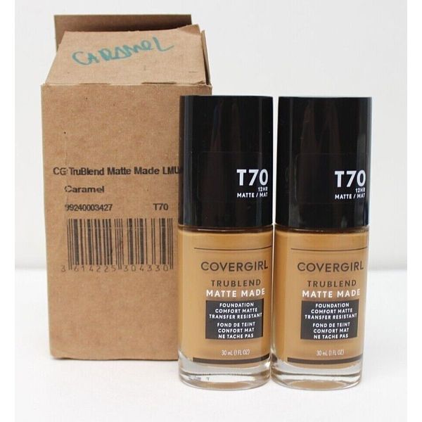 LOT OF 2 Covergirl Trublend Matte 12hr Foundation T70 Caramel 30ml (1fl oz)