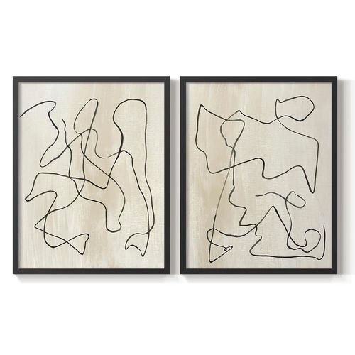 Renditions Gallery Set of 2 Peel & Stick Framed Prints, Abstract Wall Art, Random Black Line Artwork Wall Decor, Re-Stickable - Ready to Hang - 8"x10" - Black Frame LT583