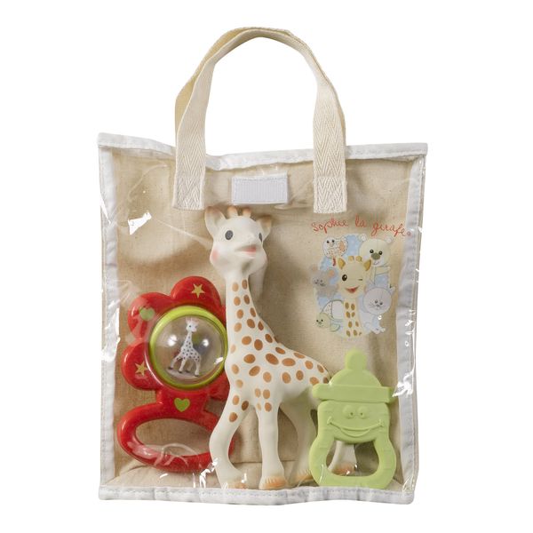 Sophie la Girafe Newborn Essentials Baby Gift Bag Containing 3 Baby Toys, Sophie the Giraffe Teething Toy, Teething Ring and Baby Rattle Toy, Suitable for Newborn Babies (Toys color may vary)