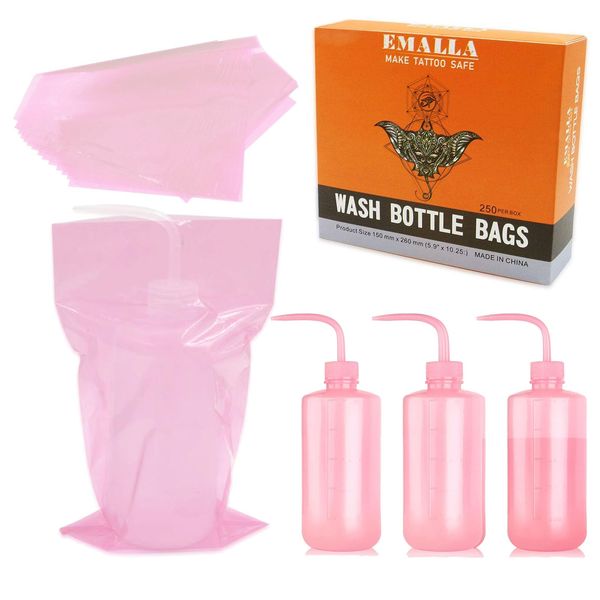 Gakonp 250pcs Tattoo Bottles Bags（Pink） with 3pcs Tattoo Wash Bottles（Pink） 250ml Tattoo Wash Bottle Disposable Squeeze Bottle Sleeves Water Spray Bottle Squirt Bottle for Tattoo Supplies Tattoo Kits