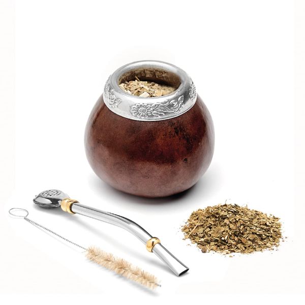 Balibetov Yerba Mate Gourd Set (Original Natural Handmade Yerba Mate Cup Argentina) - Includes Mate Tea Cup, Bombilla (Yerba Mate Straw) and Clean Brush (Brown)