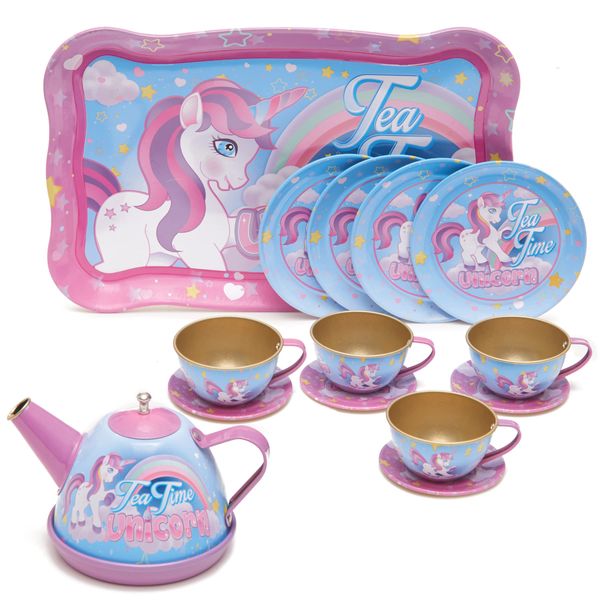 Toy Chef 14-Piece Unicorn Tea Party Set for Toddler Girls - Princess Pretend Game Playset with Teapot, Cups, Saucers and Serving Tray - Dollhouse or Playhouse Toy Gifts for Kids, 3 Years Old and Up