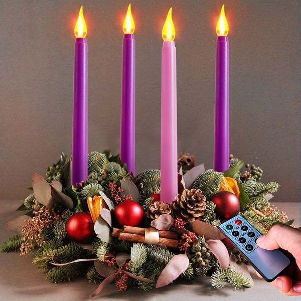 Set Of 4 Battery Operated Flameless Taper Candles For Advent Wreath 3 Purple 1 P