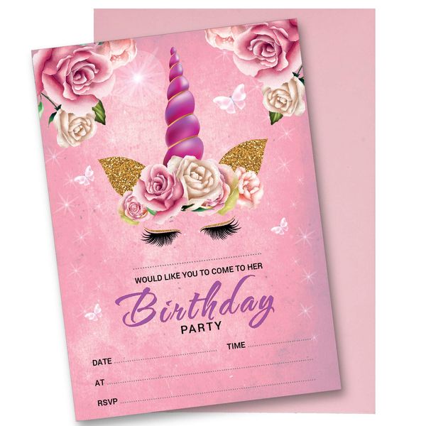 DRAAK 10 x Unicorn Birthday Party Invitations Invites Girl Children Kids Pack Pink (10 Pack)