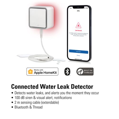 Eve Water Guard - Smart Home Water Leak Detector, 2 m sensing cable (extendable), 100 dB siren, water-leak alert, HomeKit, Bluetooth, Thread