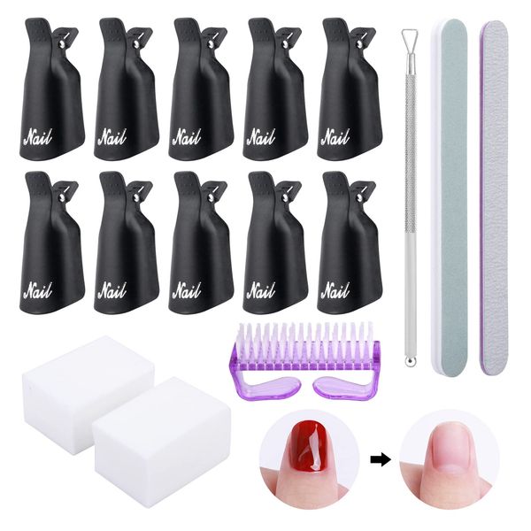 Ansodo Black Portable Professional Nail Clip Gel Polish Remover Set, Durable & Easy to Use for Home and Professional Use(with Nail Clip+ Nail Wipe Pad+ Cleaning Brush+Cuticle Pusher+ Nail File)