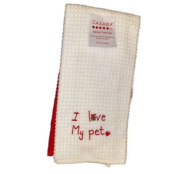 Casaba Embroidered I Love My Pet Xmas kitchen towels White Red 100% Cotton NWT