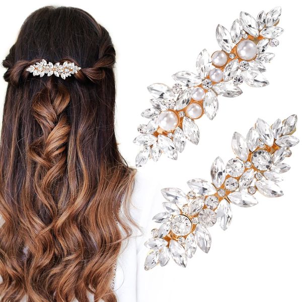 HINZIC 2Pcs Rhinestone Hair Clips Sparkly Crystal Pearl Hair Barrettes Fancy Hair Pin Wedding Prom Formal Dance Accessories for Thick Long Hair Bride Women Girls